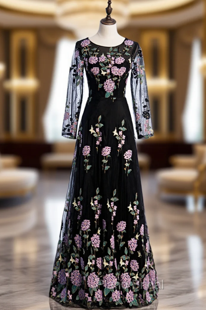 A-Line Black Tulle Embroidery Long Sleeve Formal Prom Dresses