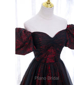 A-line Black Tulle Long Formal Prom Dresses Evening Dresses