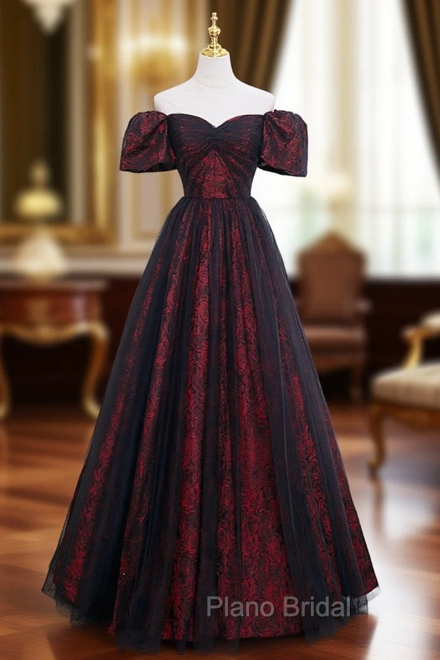 A-line Black Tulle Long Formal Prom Dresses Evening Dresses Main image