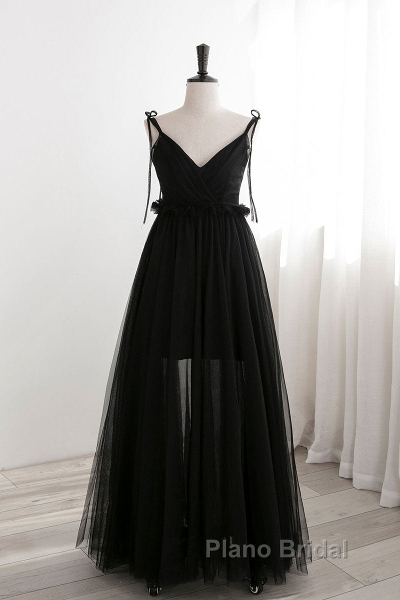 A-Line Black Tulle Long Formal Prom Dresses, Black Formal Evening Dresses
