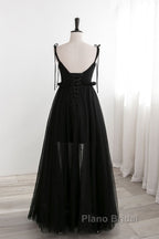 A-Line Black Tulle Long Formal Prom Dresses, Black Formal Evening Dresses