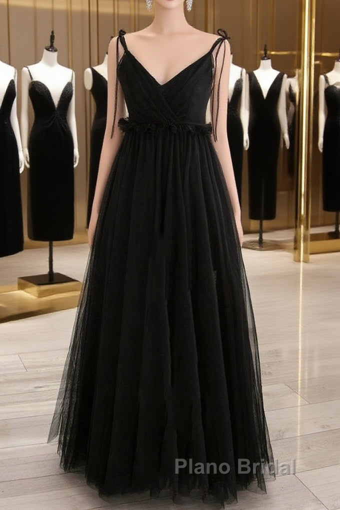 A-Line Black Tulle Long Formal Prom Dresses, Black Formal Evening Dresses