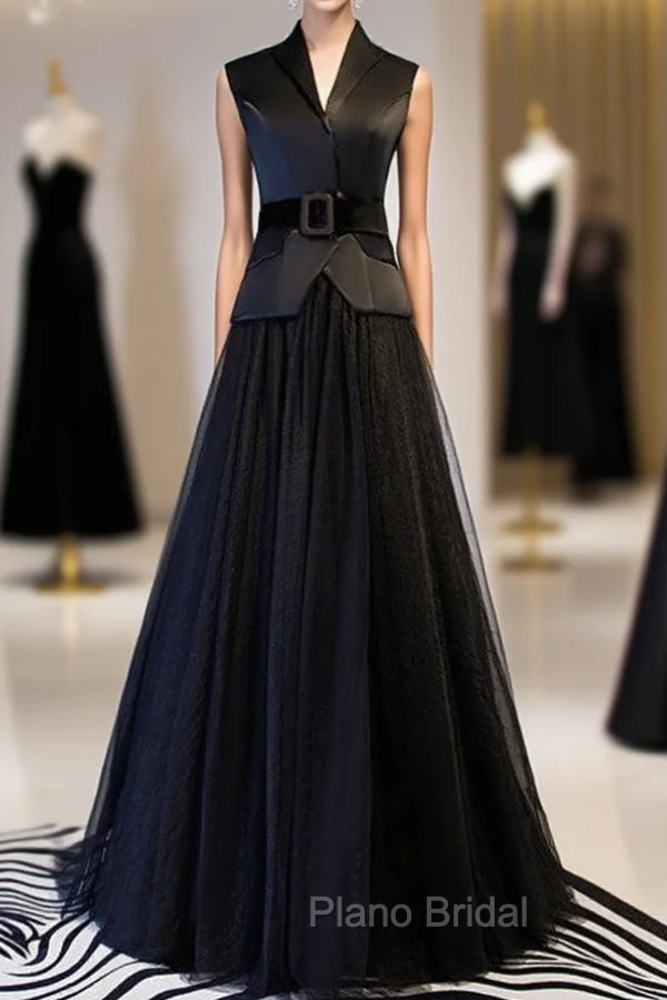 A-Line Black Tulle Satin V-neck Formal Prom Dresses With Sash Main image
