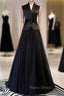 A-Line Black Tulle Satin V-neck Formal Prom Dresses With Sash