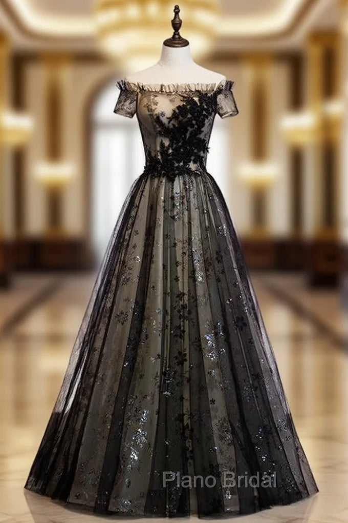A-Line Black Tulle Sequins Off the Shoulder Long Formal Prom Dresses