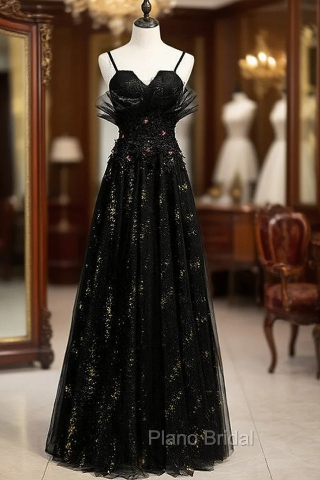 A-Line Black Tulle Sequins Spaghetti Straps Formal Prom Dresses Main image