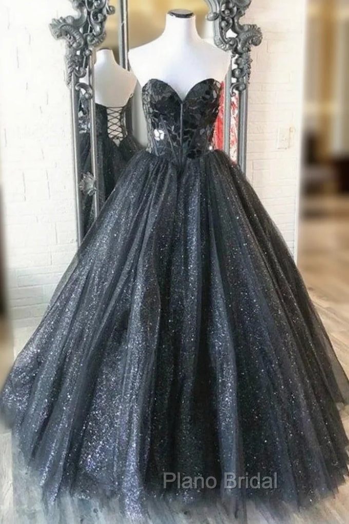 A-Line Black Tulle Sequins Strapless Formal Prom Dresses Main image