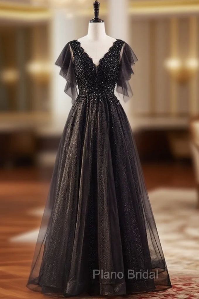 A-Line Black Tulle Sequins V-neck Beading Formal Prom Dresses