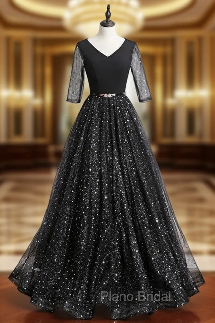 A-Line Black Tulle Sequins V-neck Short Sleeve Formal Prom Dresses Main image