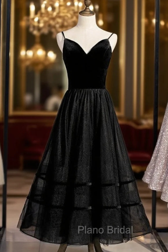 A-Line Black Tulle Spagehtti Straps Tulle Tea Length Formal Prom Dresses Main image