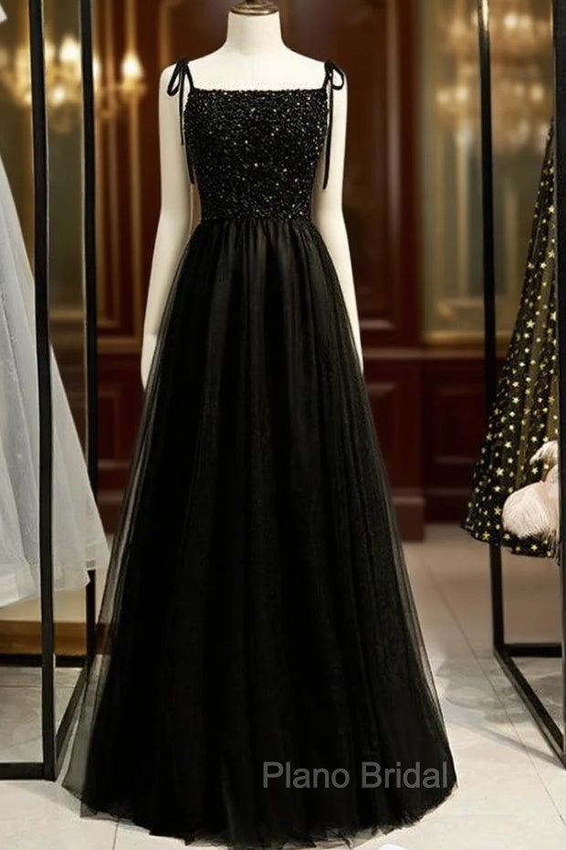 A-Line Black Tulle Spaghetti Straps Tulle Beading Formal Prom Dresses