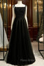 A-Line Black Tulle Spaghetti Straps Tulle Beading Formal Prom Dresses