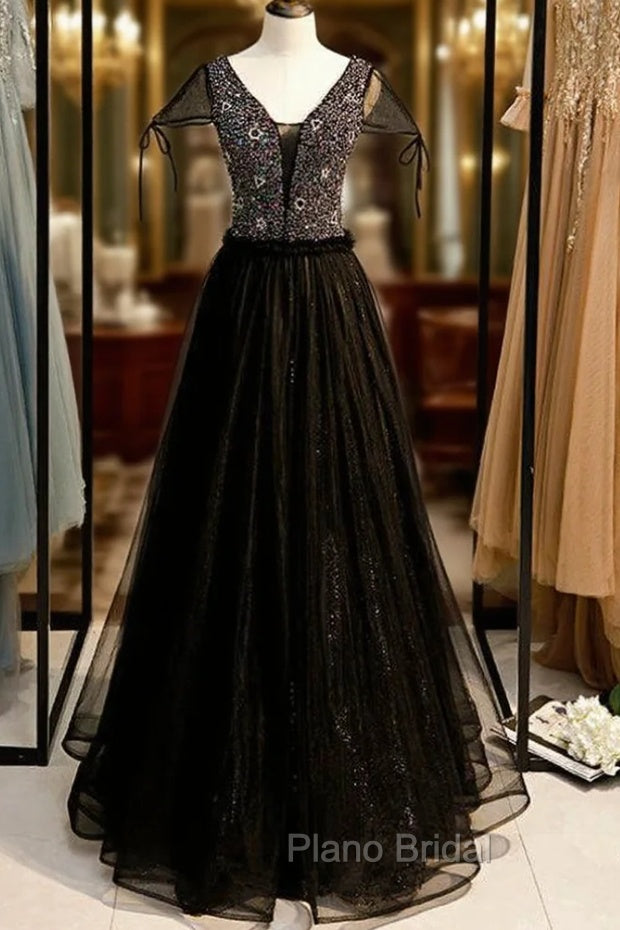 A-Line Black Tulle V-neck Cap Sleeve Beading Formal Prom Dresses Main image
