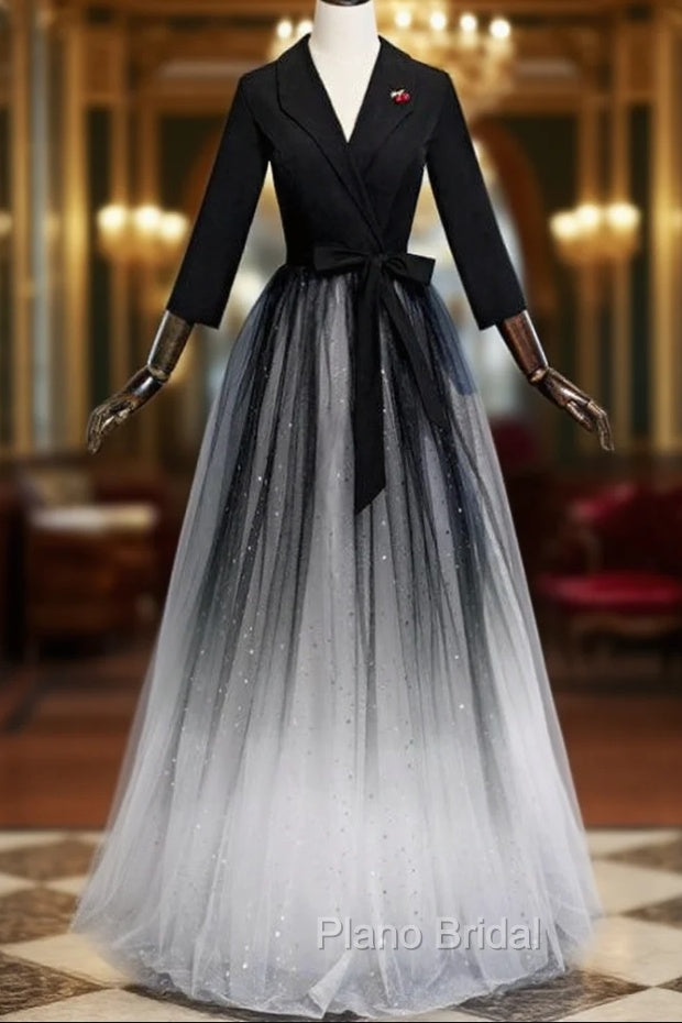 A-Line Black Tulle V-neck Long Sleeve Formal Prom Dresses