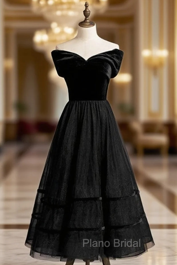 A-Line Black Tulle Velvet Off the Shoulder Tea Length Formal Prom Dresses Main image