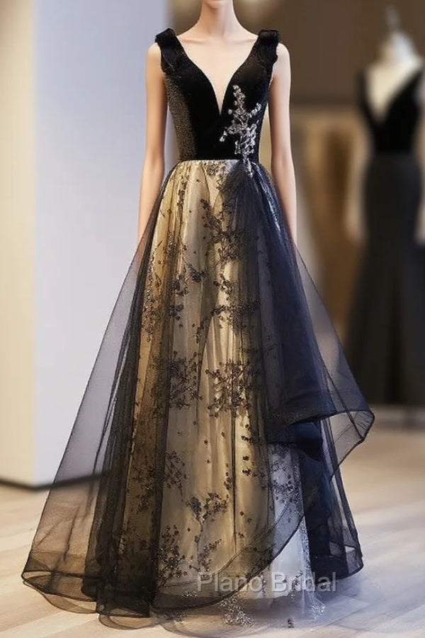 A-Line Black Tulle Velvet Sequins Formal Prom Dresses Main image
