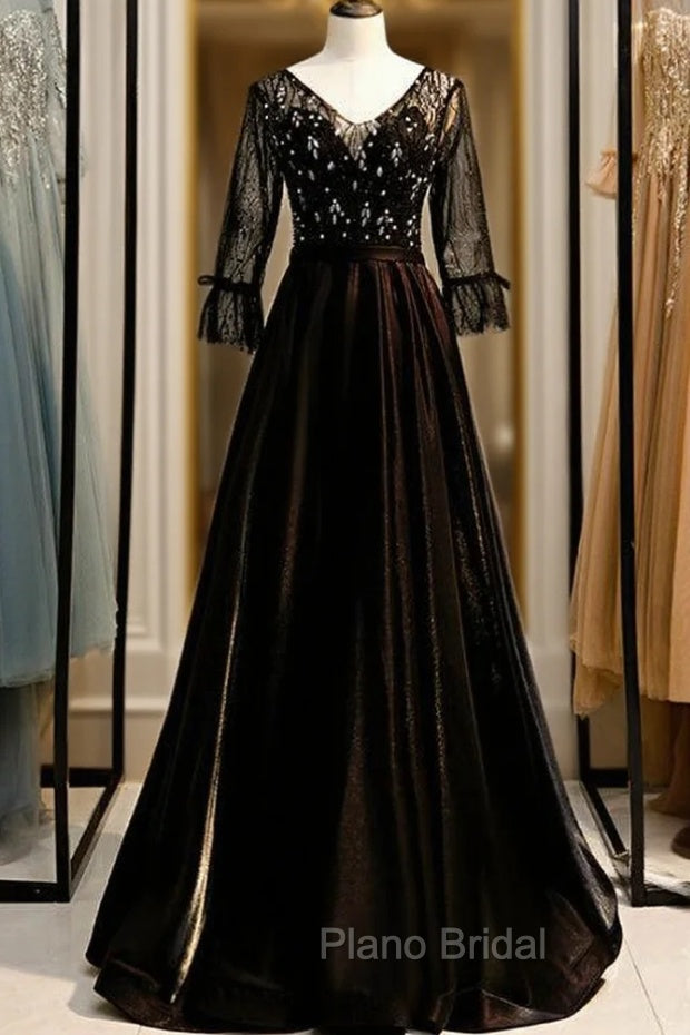 A-Line Black V-neck 3/4 Sleeve Crystal Formal Prom Dresses Main image