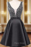 A-Line Black V-neck Backless Satin Beading Sequins Homecoming Dresses