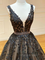 A Line Black V Neck Lace Long Formal Prom Dresses