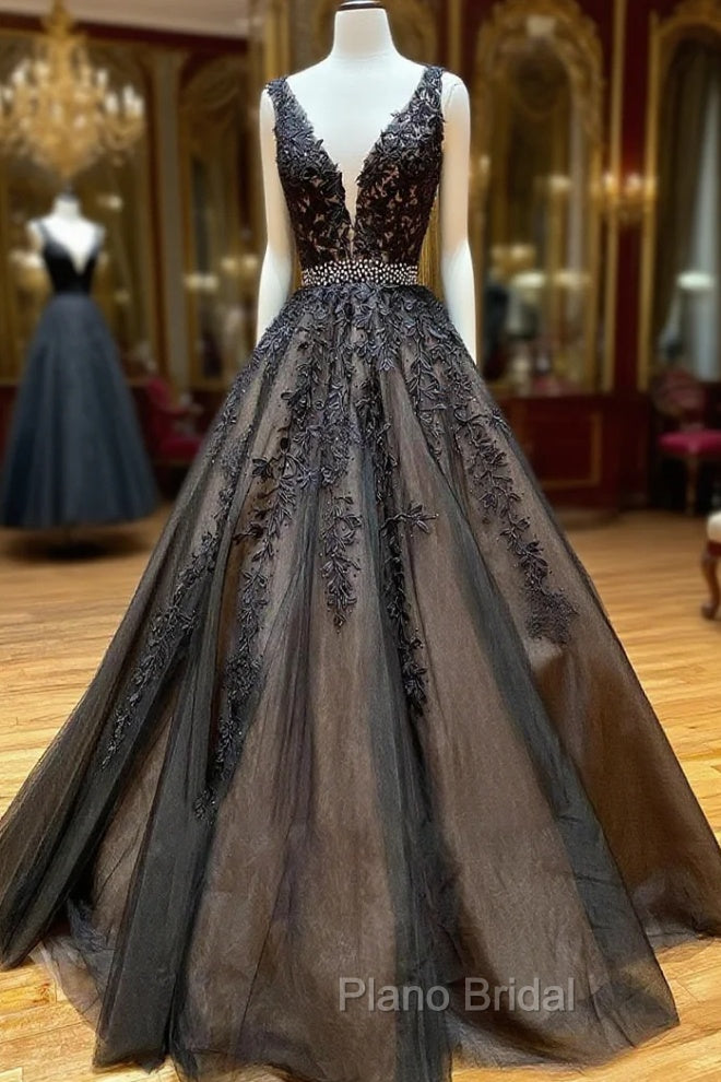 A Line Black V Neck Lace Long Formal Prom Dresses
