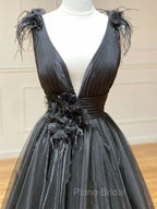 A Line Black V Neck Tulle Long Formal Prom Dresses