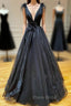 A Line Black V Neck Tulle Long Formal Prom Dresses