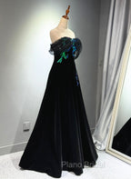 A-line Black Velvet and Tulle Off Shoulder Party Dresses, Black Long Formal Prom Dresses