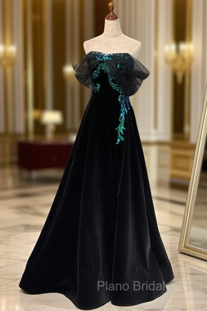 A-line Black Velvet and Tulle Off Shoulder Party Dresses, Black Long Formal Prom Dresses Main image