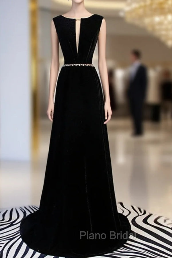 A-Line Black Velvet Backless Formal Prom Dresses With Beading Main image