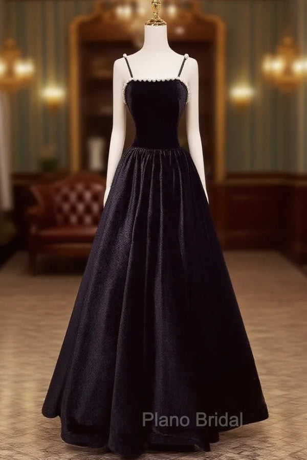 A-Line Black Velvet Floor-Length Formal Prom Dresses, Pearls Spaghetti Straps Long Party Dresses