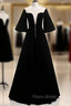 A-Line Black Velvet Horn Sleeve See Through Formal Prom Dresses
