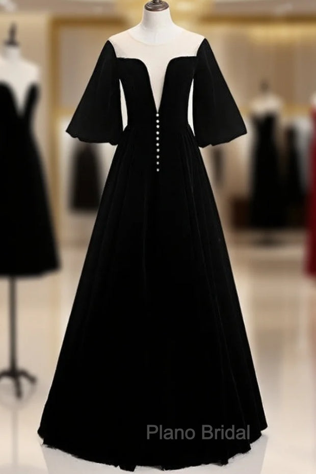 A-Line Black Velvet Horn Sleeve See Through Formal Prom Dresses Main image
