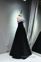 A-Line Black Velvet Long Party Dresses With Lace Applique, Black Velvet Formal Prom Dresses