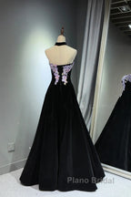 A-Line Black Velvet Long Party Dresses With Lace Applique, Black Velvet Formal Prom Dresses