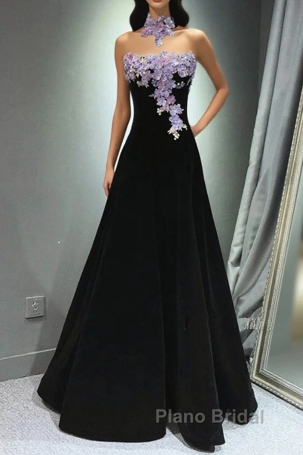 A-Line Black Velvet Long Party Dresses With Lace Applique, Black Velvet Formal Prom Dresses Main image