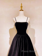 A Line Black Velvet Long Formal Prom Dresses Beaded Birthday Party Dresses