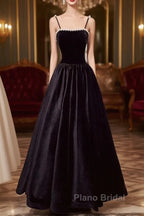 A Line Black Velvet Long Formal Prom Dresses Beaded Birthday Party Dresses