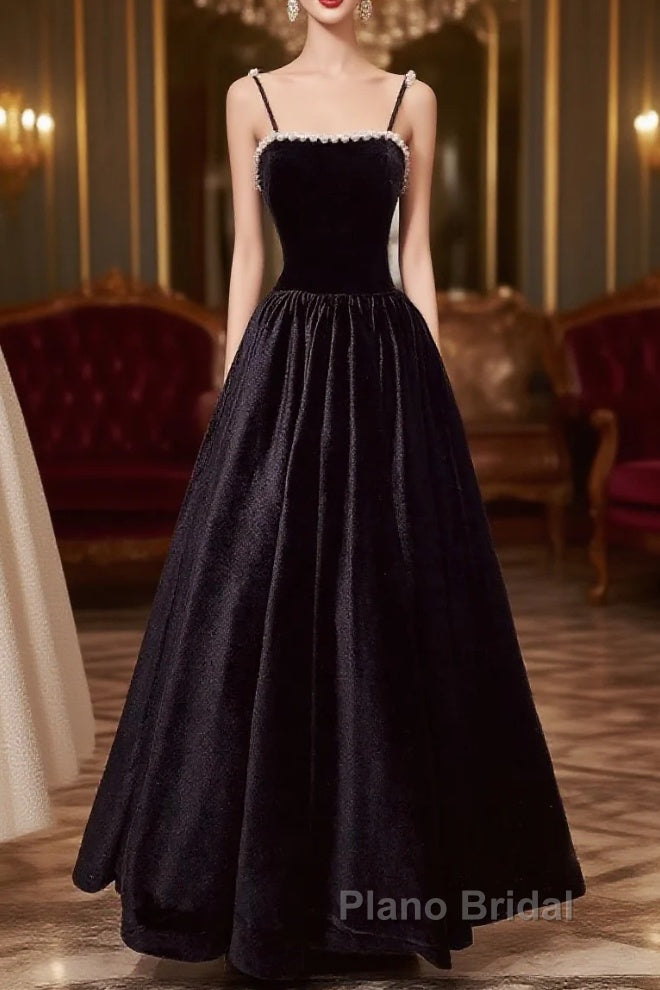 A Line Black Velvet Long Formal Prom Dresses Beaded Birthday Party Dresses Main image