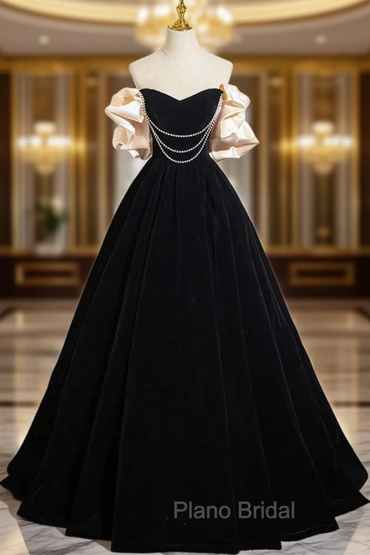 A-Line Black Velvet Long Formal Prom Dresses, Black Long Evening Dresses Main image