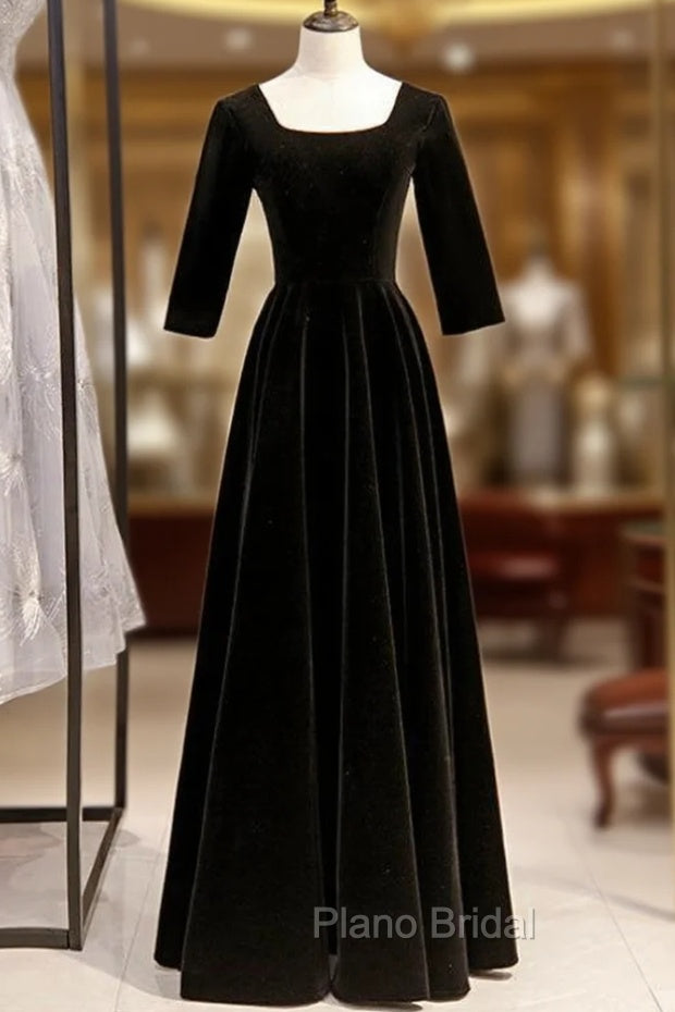 A-Line Black Velvet Square Short Sleeve Formal Prom Dresses