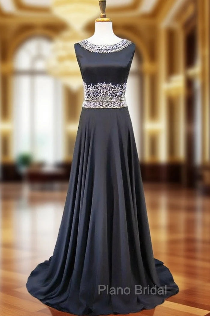 A-line Bling Bling Beaded Crystals Floor Length Black Formal Prom Dresses Main image
