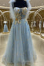A-Line Blue And Gold Appliqed Long Formal Dresses Formal Prom Dresses