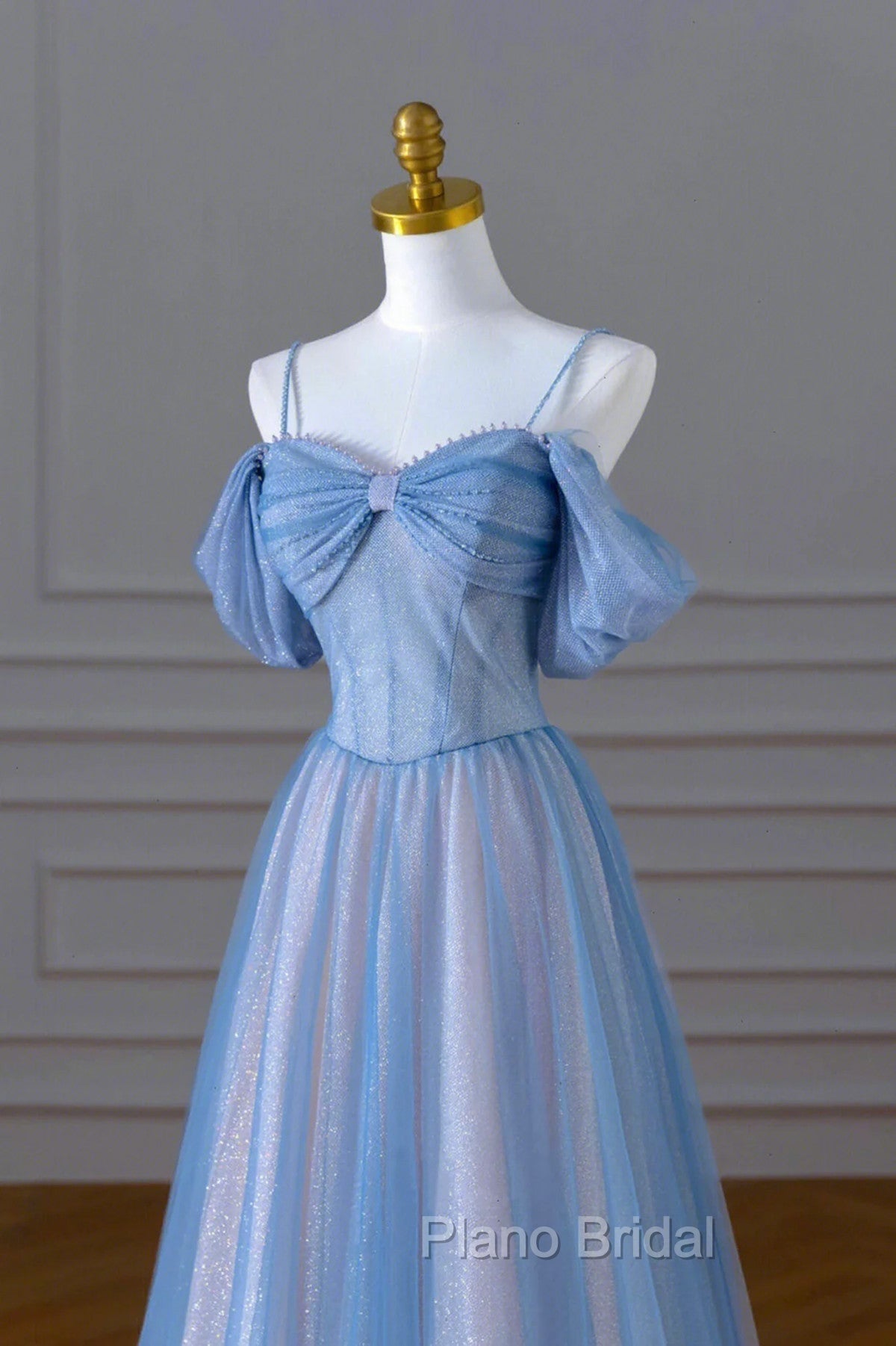 A-line Blue and Pink Beaded Tulle Long Party Dresses, Blue Formal Prom Dresses