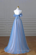 A-line Blue and Pink Beaded Tulle Long Party Dresses, Blue Formal Prom Dresses