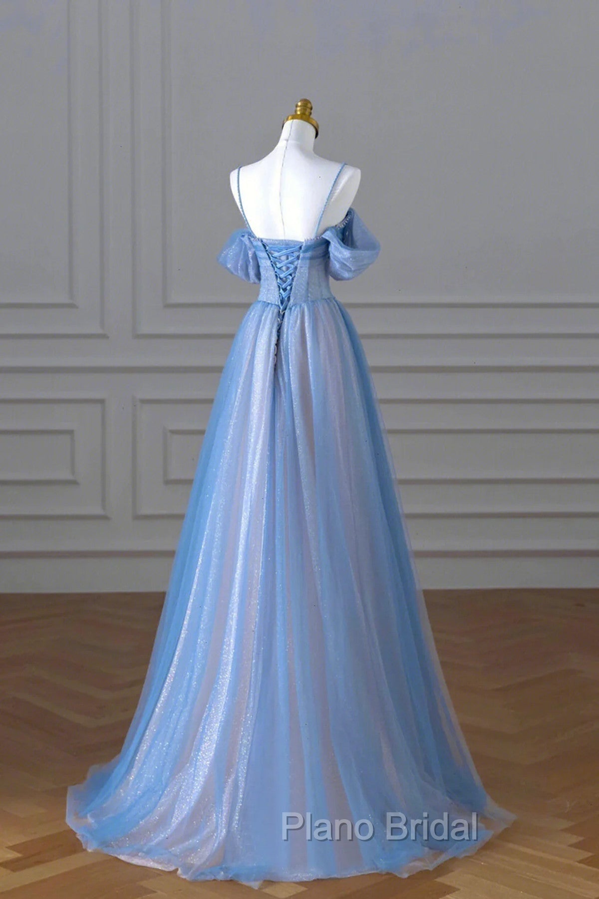 A-line Blue and Pink Beaded Tulle Long Party Dresses, Blue Formal Prom Dresses