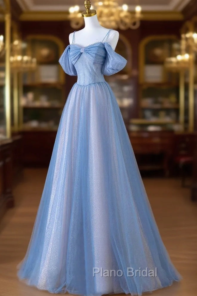 A-line Blue and Pink Beaded Tulle Long Party Dresses, Blue Formal Prom Dresses Main image