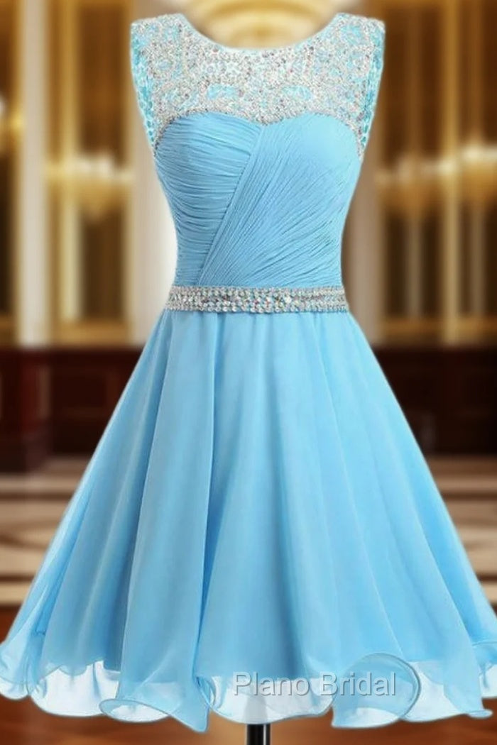 A-line Blue Chiffon Scoop Neck Backless Beading Crystal Homecoming Dresses Main image
