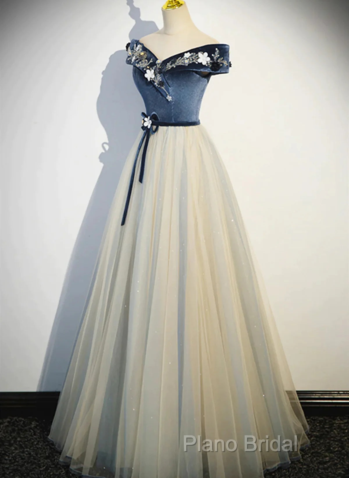 A-Line Blue-Grey Off Shoulder Long Party Dresses, Tulle And Velevet Long Formal Prom Dresses