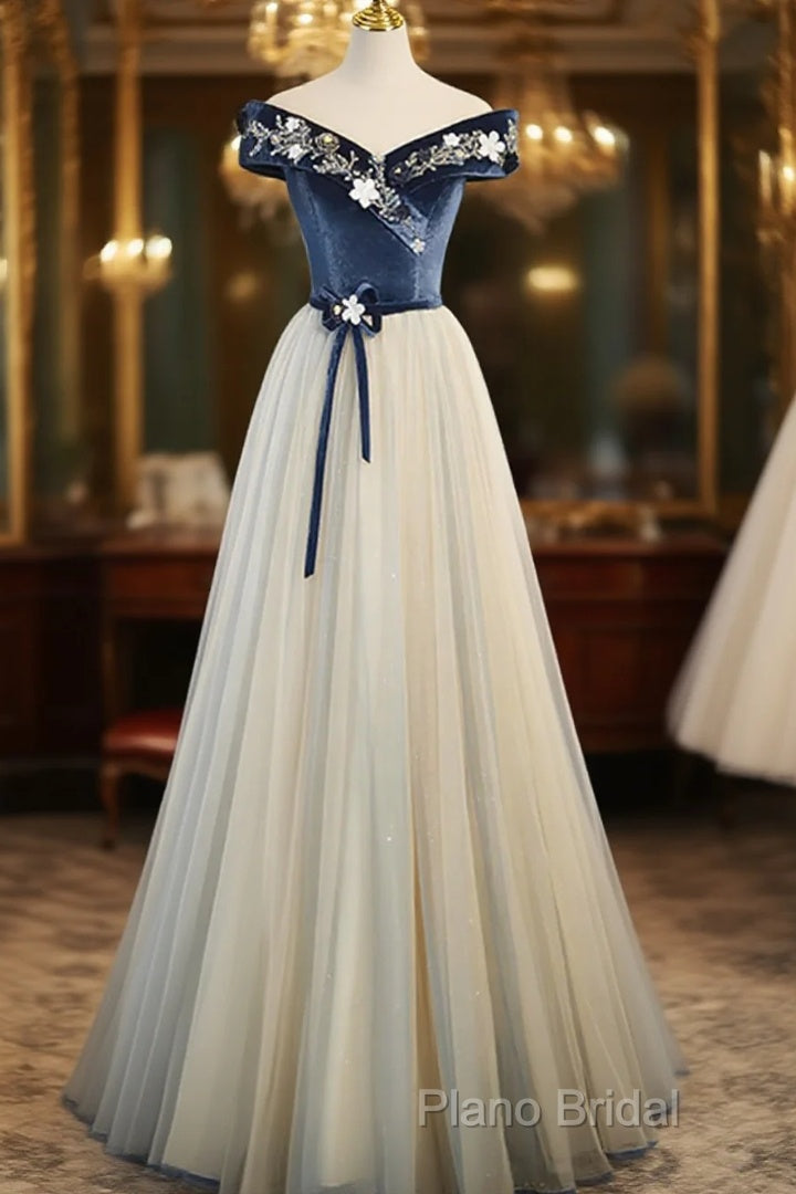 A-Line Blue-Grey Off Shoulder Long Party Dresses, Tulle And Velevet Long Formal Prom Dresses Main image