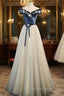 A-Line Blue-Grey Off Shoulder Long Party Dresses, Tulle And Velevet Long Formal Prom Dresses